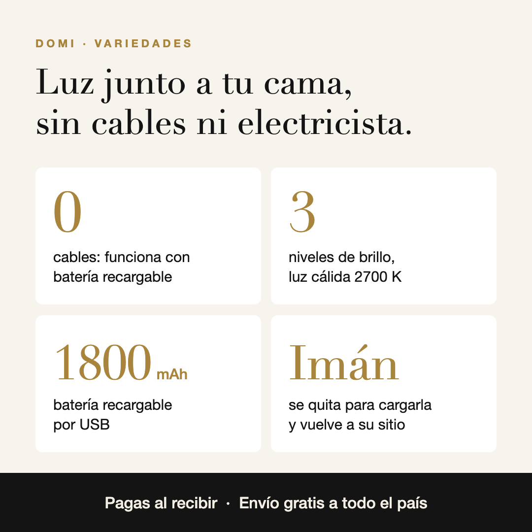 Beneficios: sin cables, 3 niveles de brillo, batería de 1800 mAh y base magnética